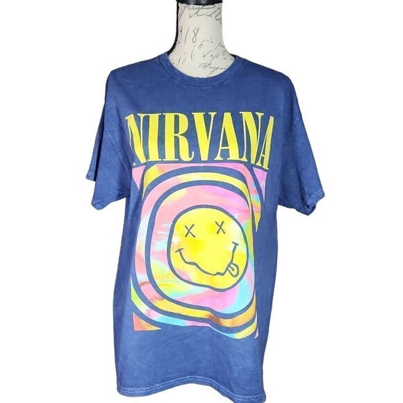 NIRVANA Tops - Nirvana Unisex Size Large Blue Yellow Smiley Face Tie Dye Shirt